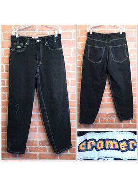 Huf Cromer Black Denim Jeans Mens Size 34 Distressed Skater Grunge Streetwear